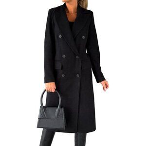 Womens Black Long Wool Coat Double Breasted Trench Coat Fall Winter Clothes